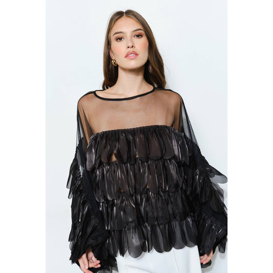 Shimmer Organza Scallop Ruffle Layered Blouse