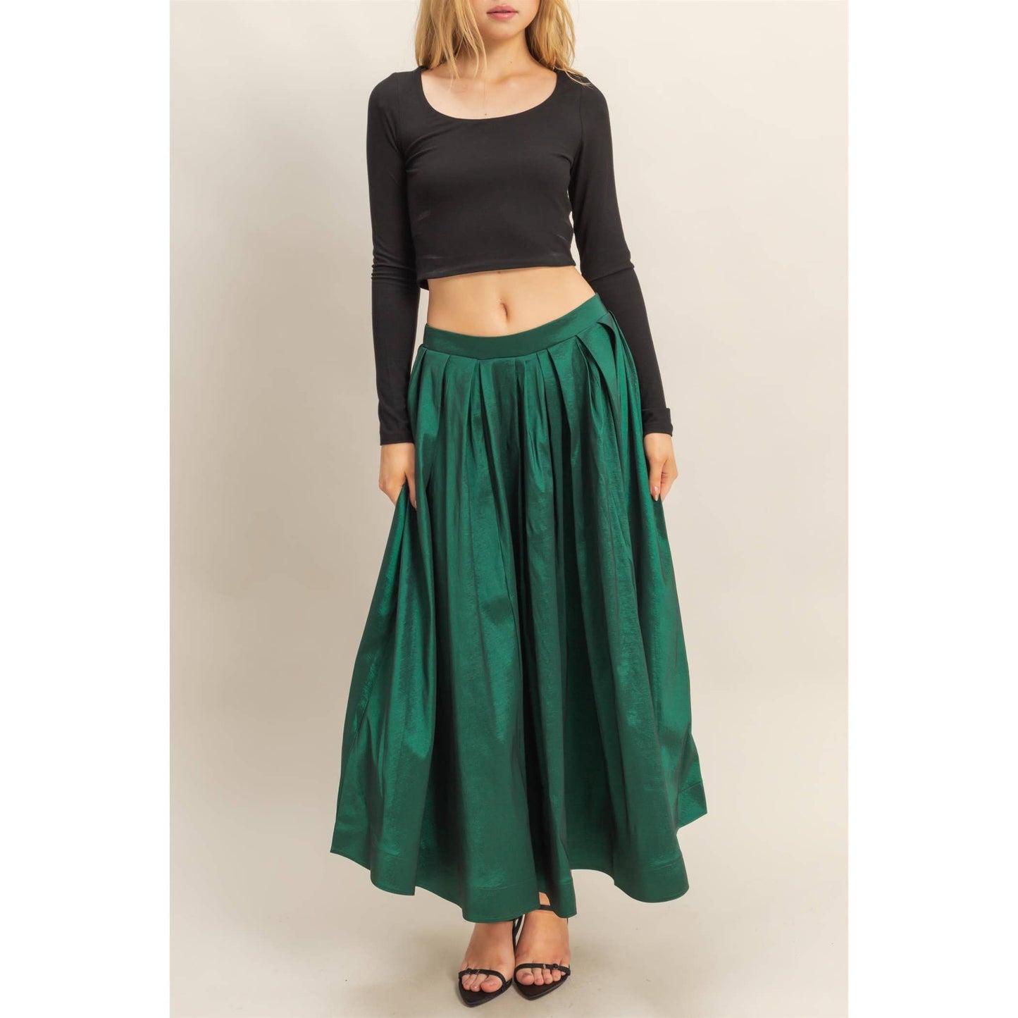 The Emerald Pleated A-Line Midi Skirt