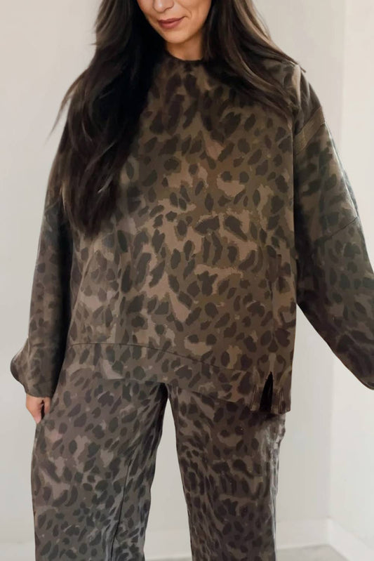 Leopard Print Loose Fit Pullover & Pant Set