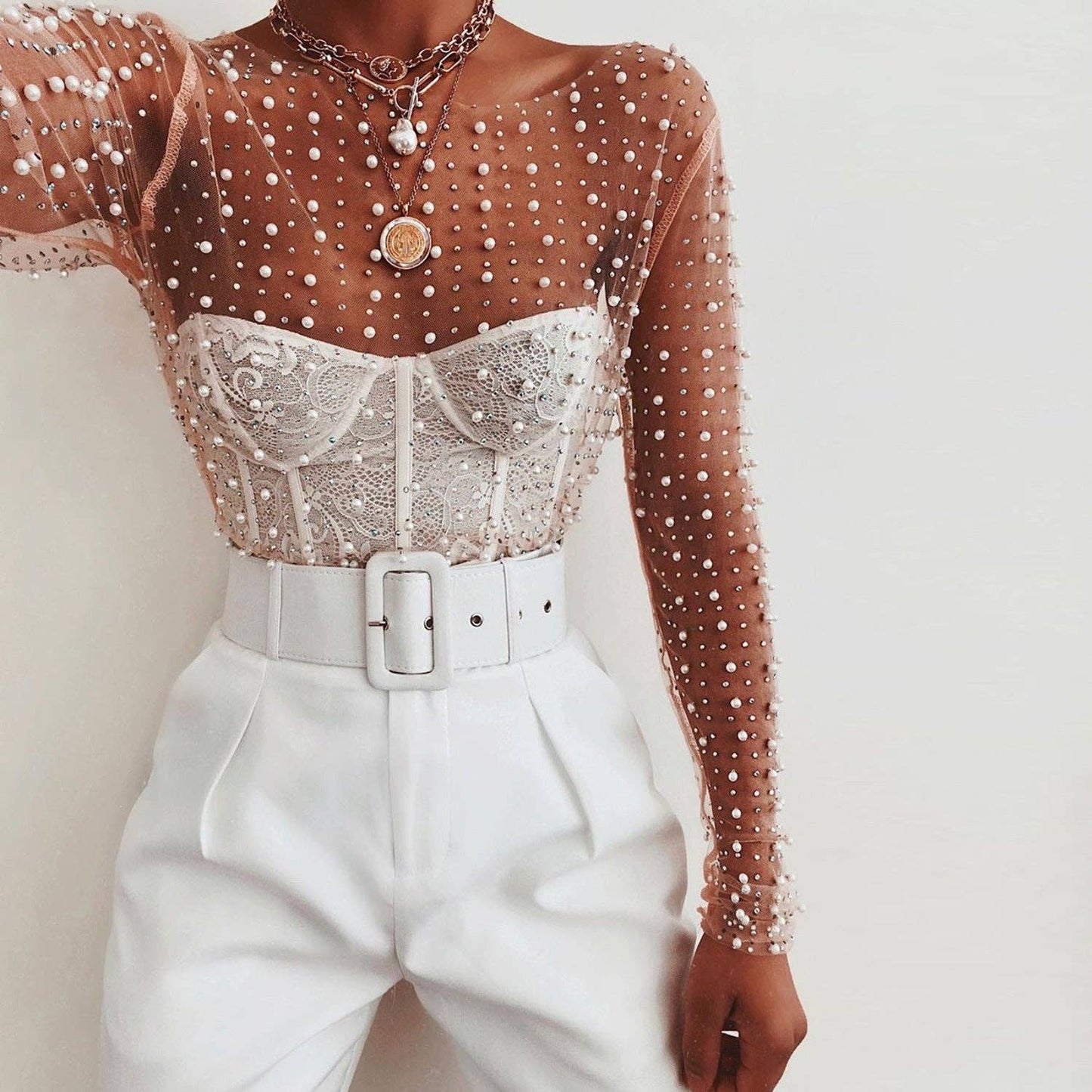 Pearl Rhinestone Mesh Top