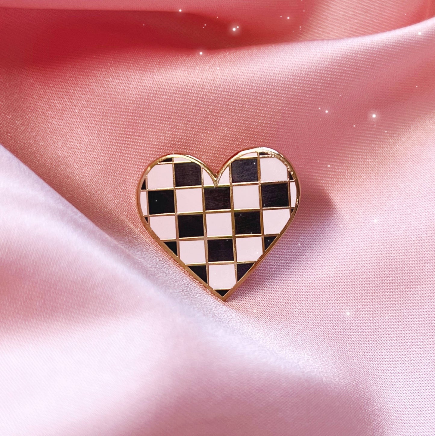 Checker Heart Enamel Pin: Black and White