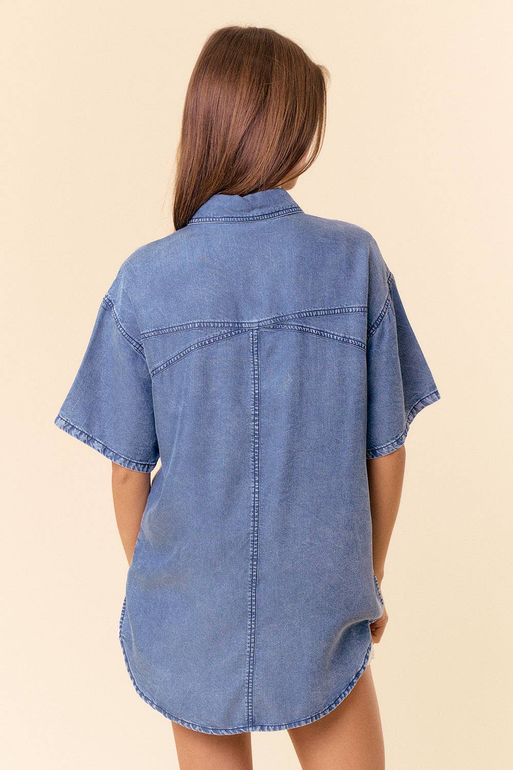 Oversized Denim Short Sleeve Button Up Shirt