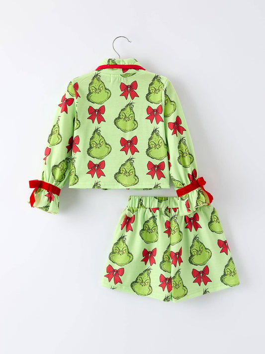 Green Christmas Character Bow Print Girls Pajama Set