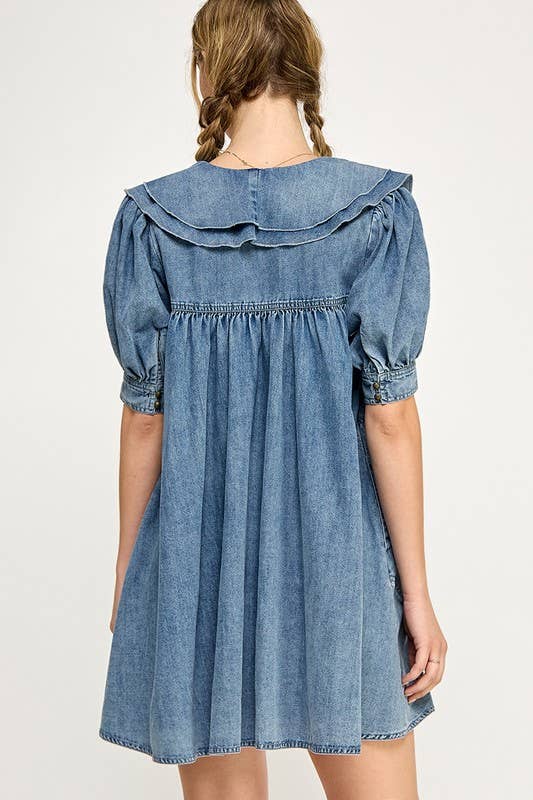 PUFF SLEEVE RIBBON TIE DENIM DRESS