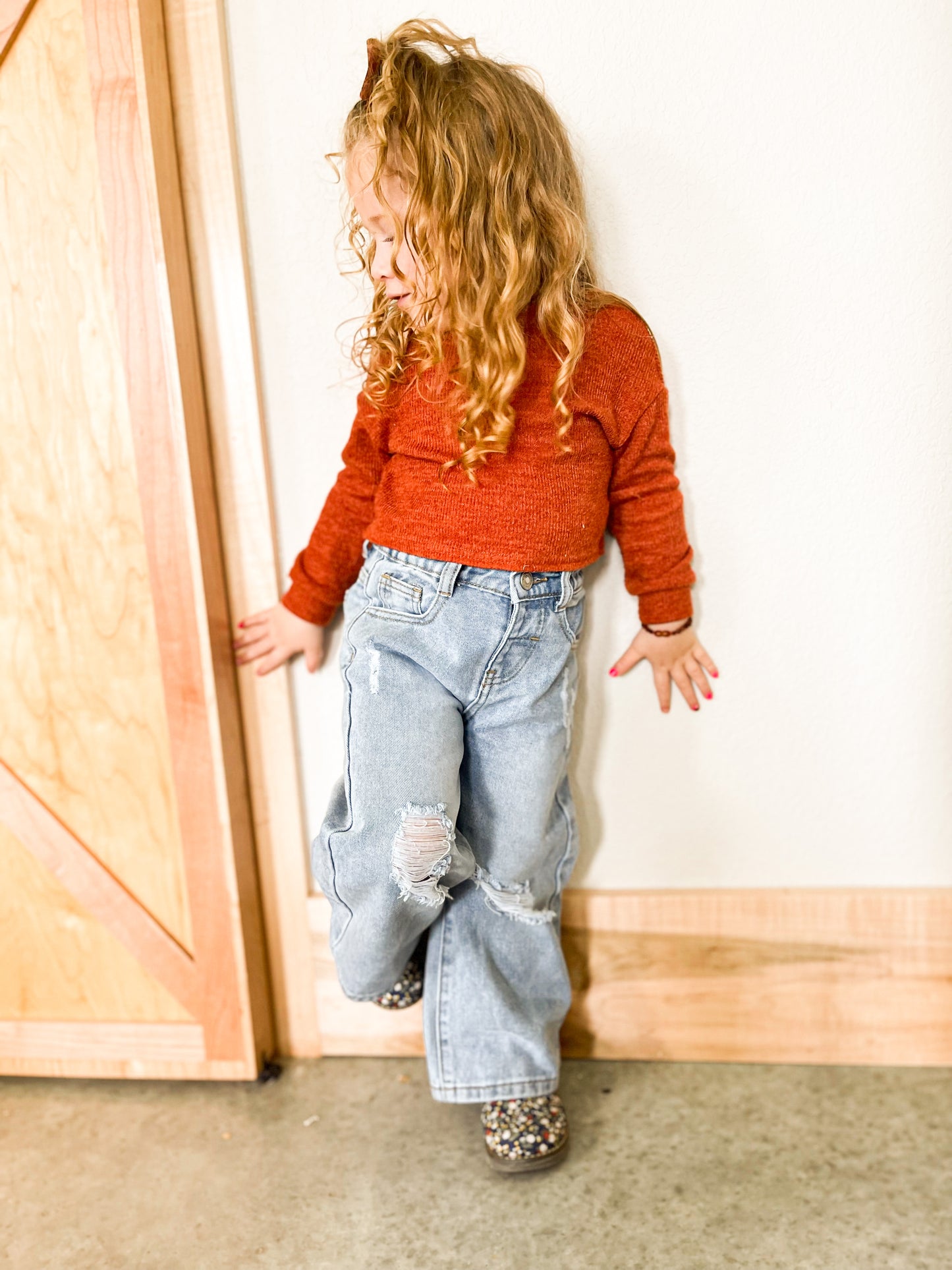 Wide leg distressed kids jean