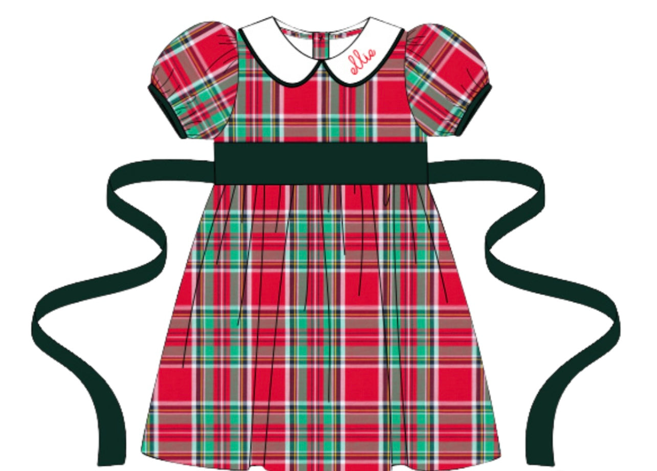Girls Plaid Smocked Dress w/Ties