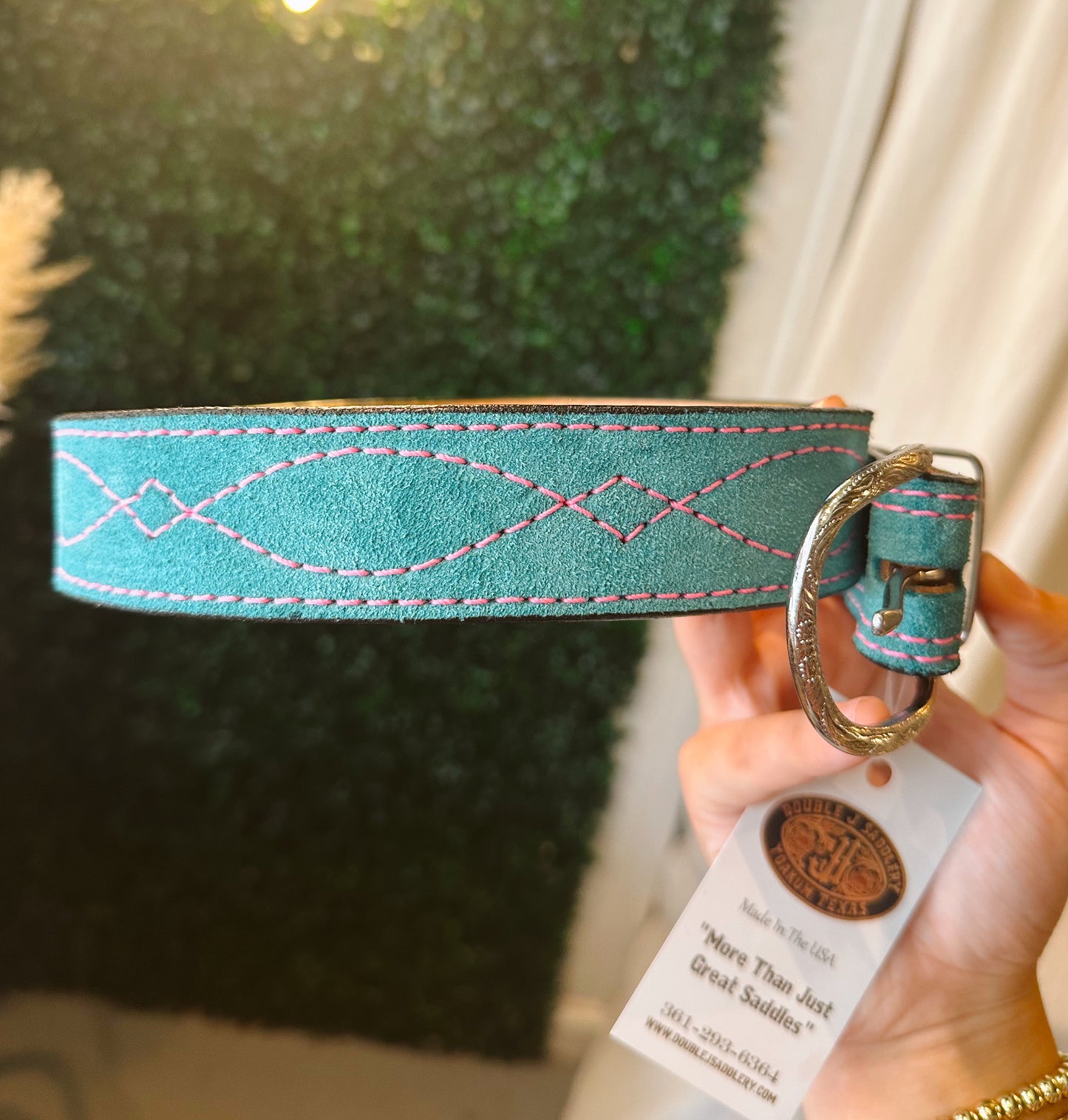 B1225D Turquoise Suede Pink Stitching Belt