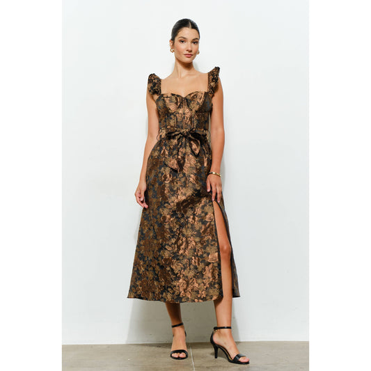 Floral Jacquard Corset-Style Midi Dress
