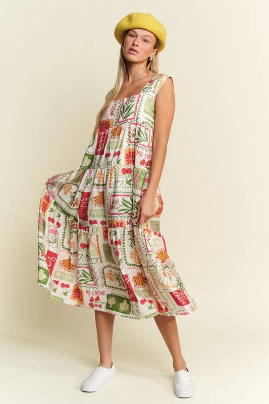 FRUITY PLANTS MULTICOLOR SLEEVELESS MIDI DRESS