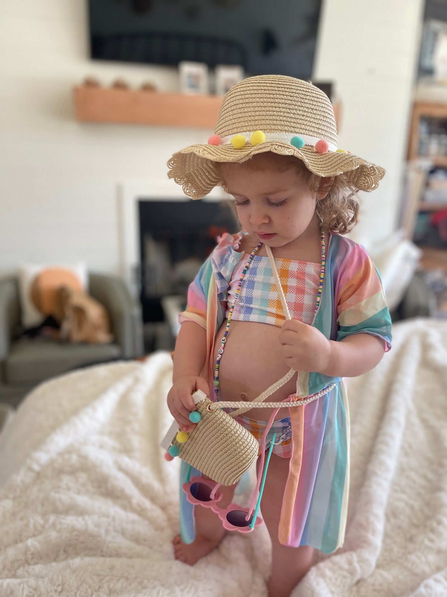 Children’s Pom Pom Straw Hat and Tote