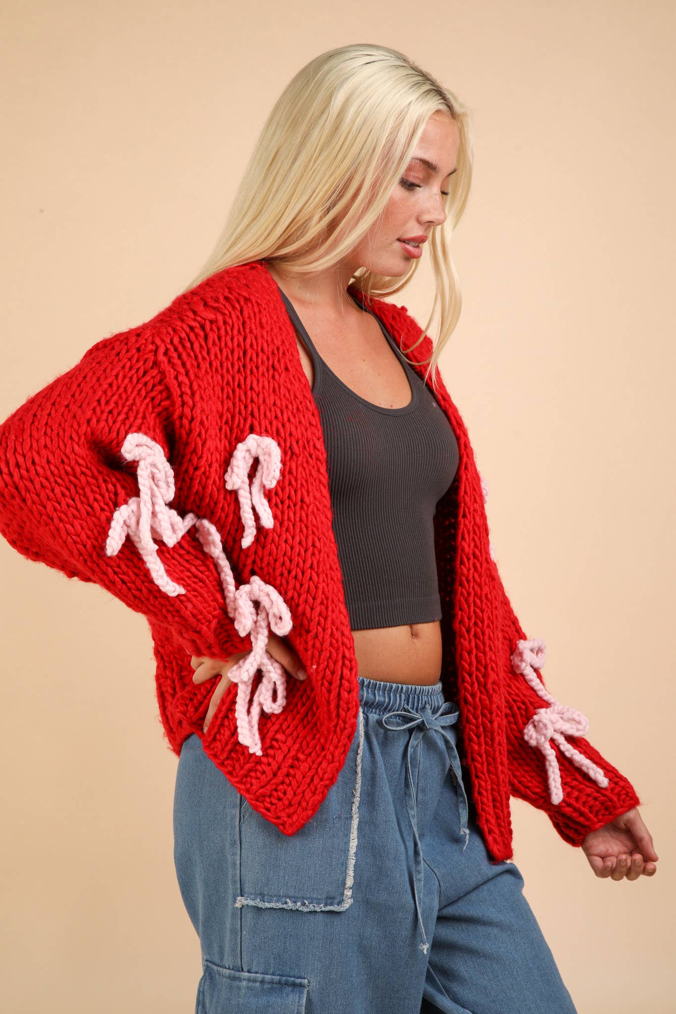 HANDMADE Ribbon Chunky Knit Sweater Cardigan