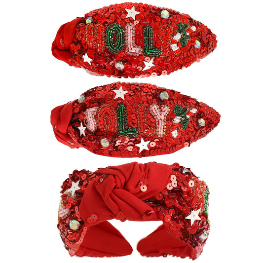 Christmas Holly Jolly Jeweled Top Knotted Headband