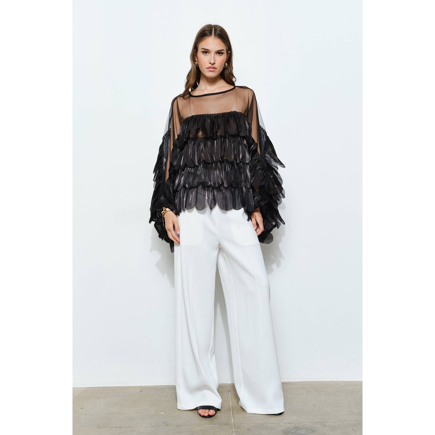Shimmer Organza Scallop Ruffle Layered Blouse