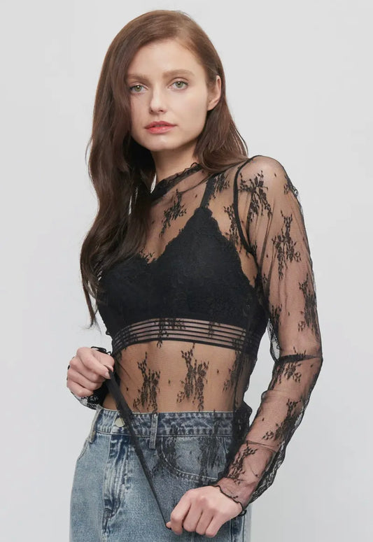 Long sleeve sheer lace mesh top