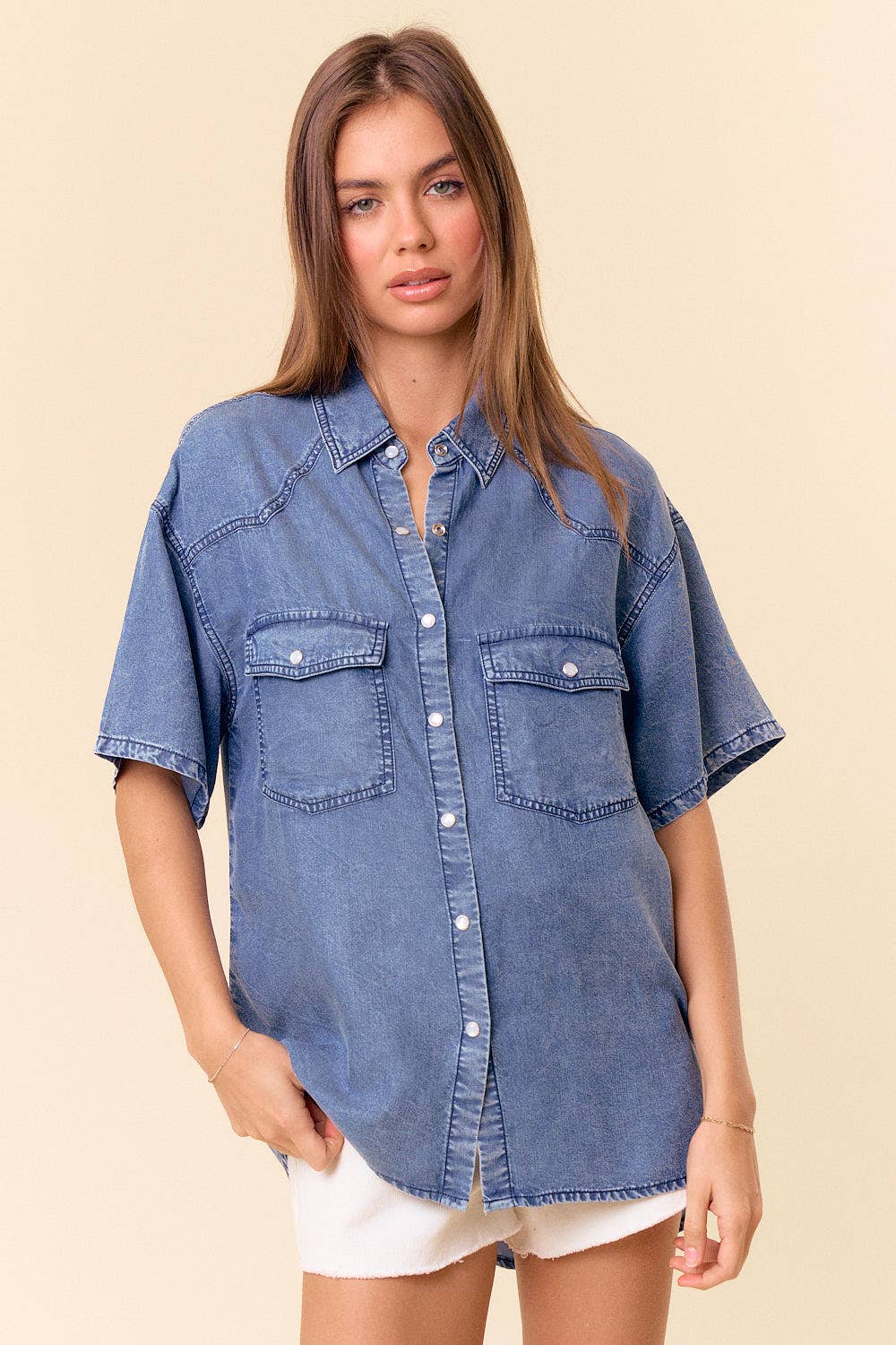 Oversized Denim Short Sleeve Button Up Shirt