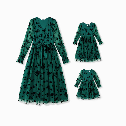 Mom and Me Green Long Sleeves Embroidered Tulle Dress