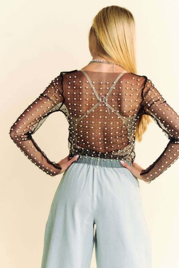 Pearl Embellished Mesh Top