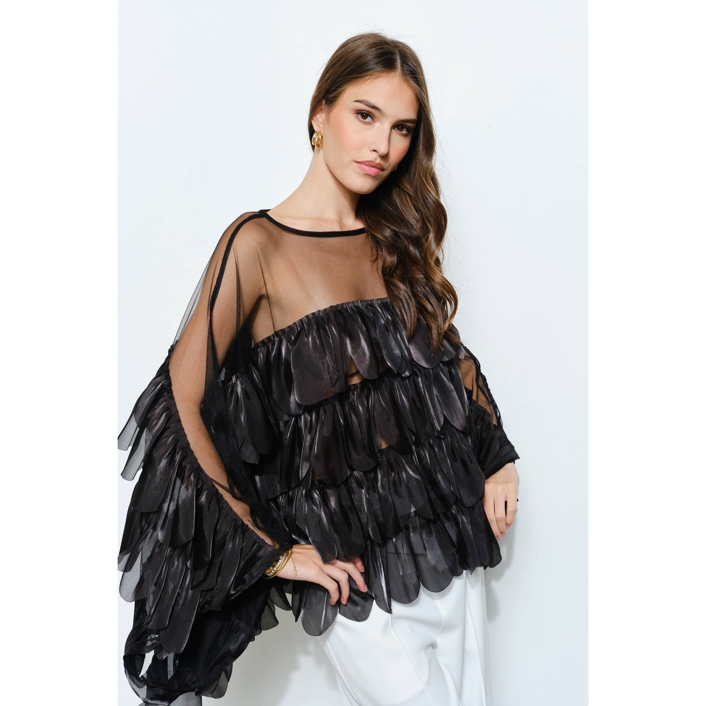 Shimmer Organza Scallop Ruffle Layered Blouse