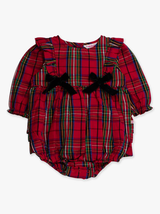 Baby Girls Red Nicholas Plaid Woven Long Sleeve Waterfall Bow Bubble Romper