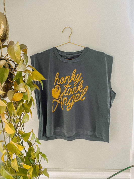 Honky Tonk Angel, Western Vintage Cropped Muscle Tank