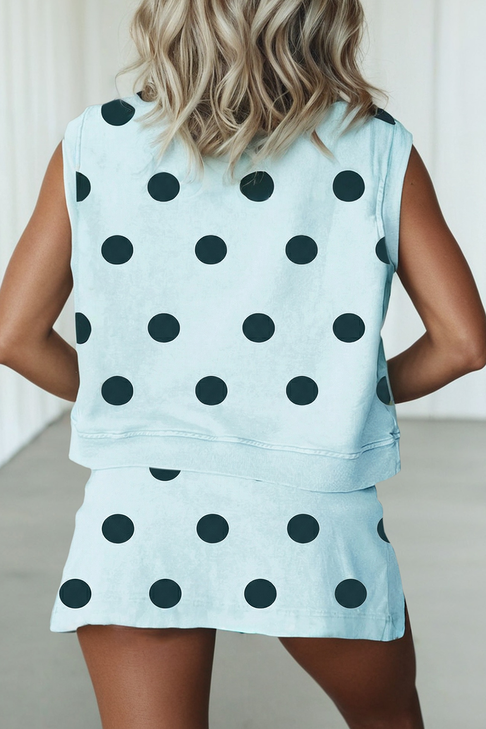 Ribbed Trim Polka Dot Tank Split Mini Skort Set