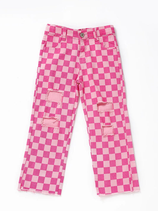 Pink Checkered Girls Jeans