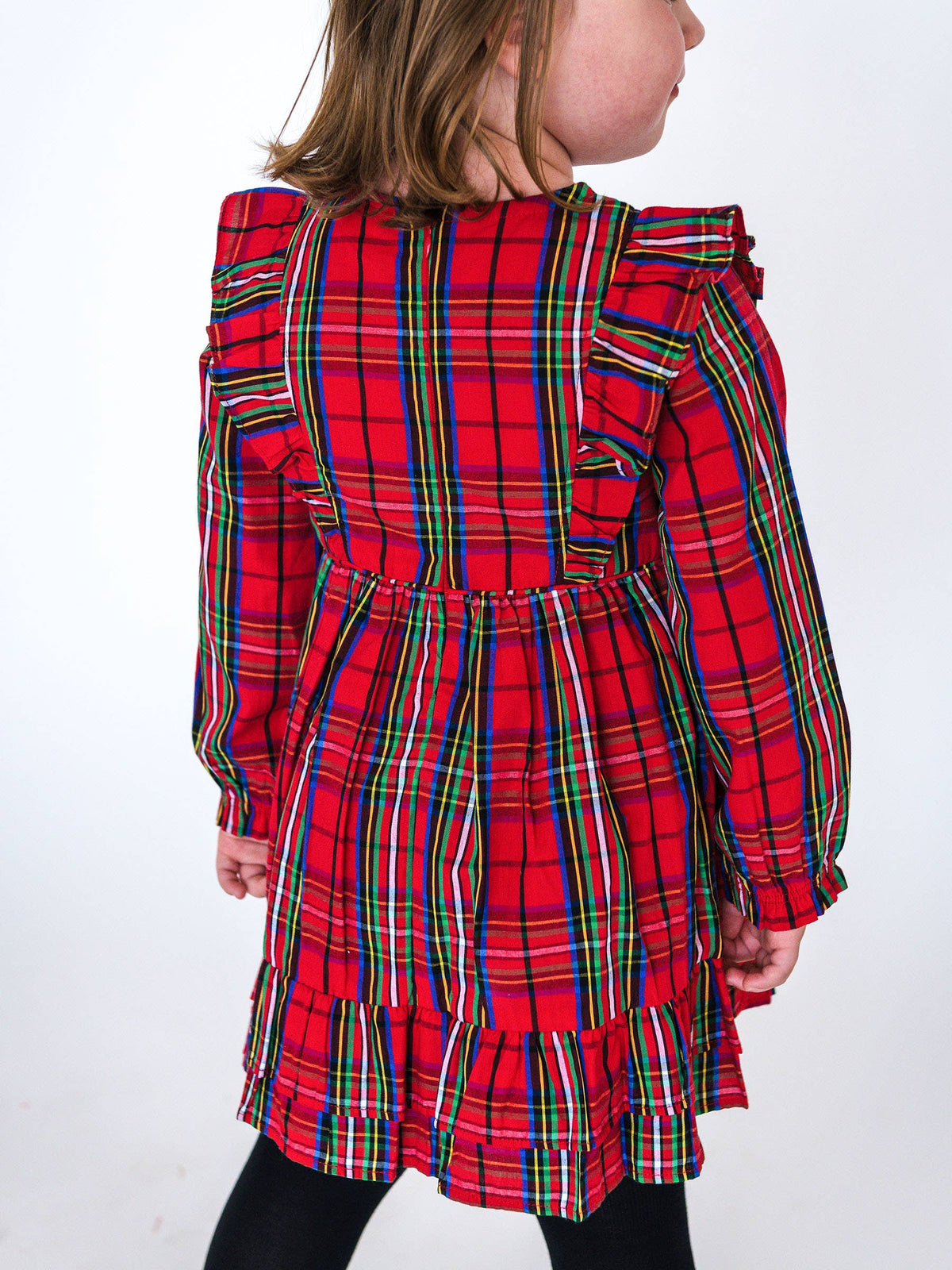 Girls Red Nicholas Plaid Woven Long Sleeve Waterfall Bow Dress