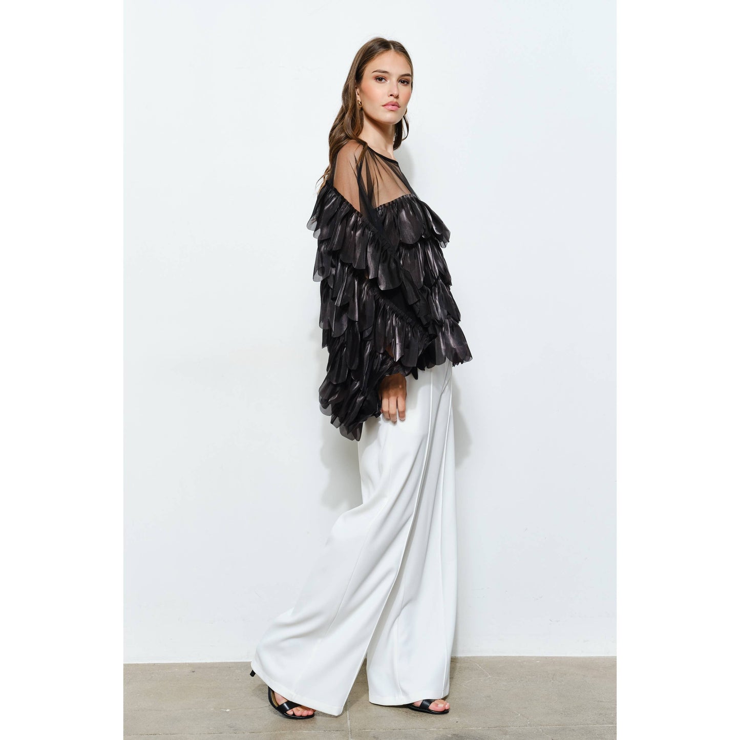 Shimmer Organza Scallop Ruffle Layered Blouse