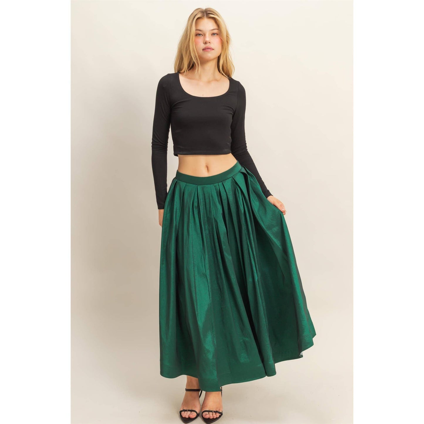 The Emerald Pleated A-Line Midi Skirt
