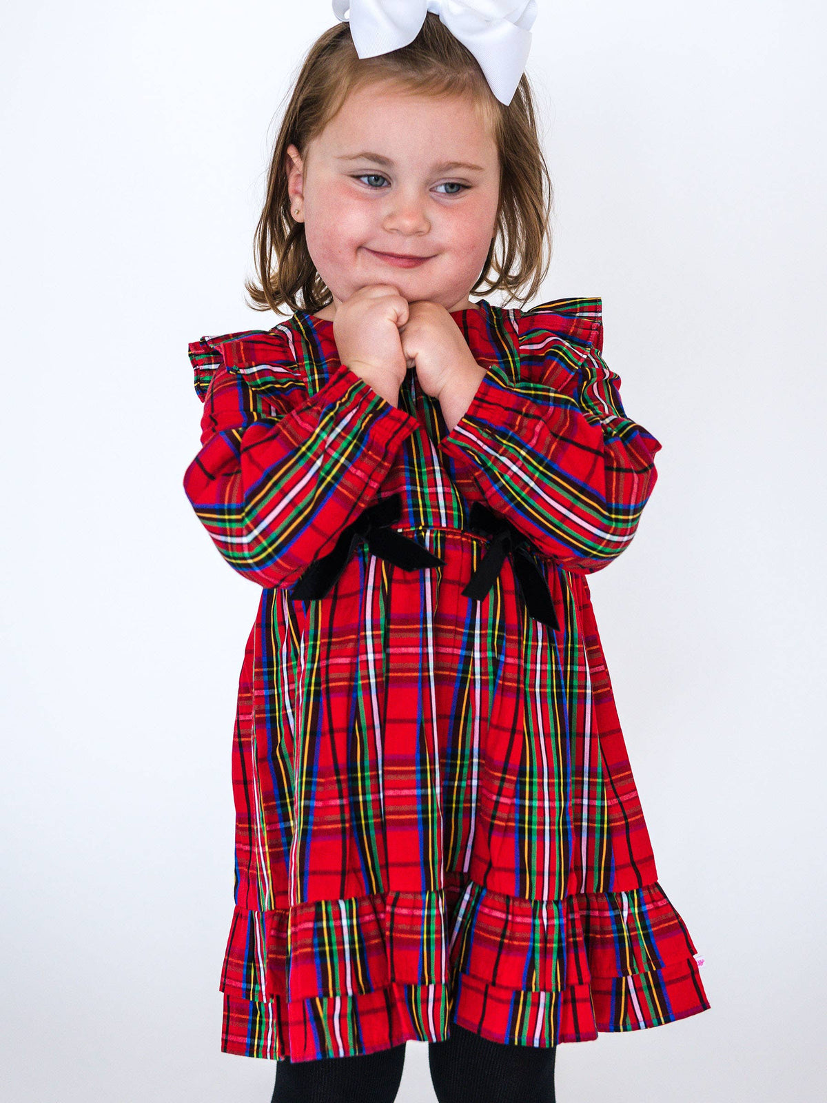 Girls Red Nicholas Plaid Woven Long Sleeve Waterfall Bow Dress