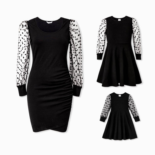 Mommy and Me Black Long Mesh Sleeve Dresses