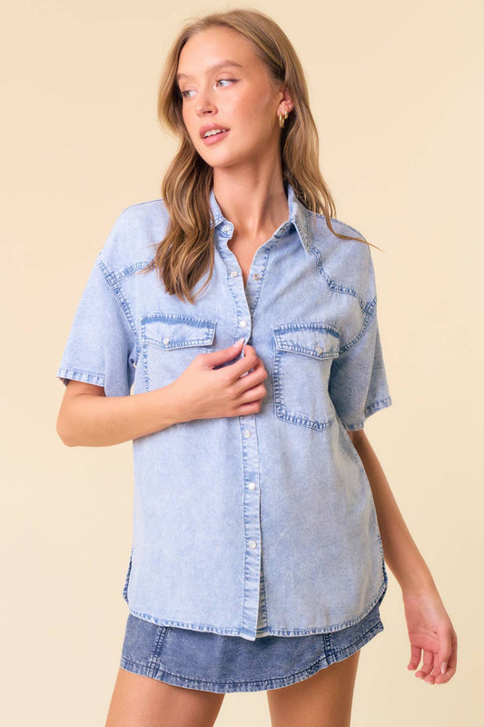 Oversized Denim Short Sleeve Button Up Shirt
