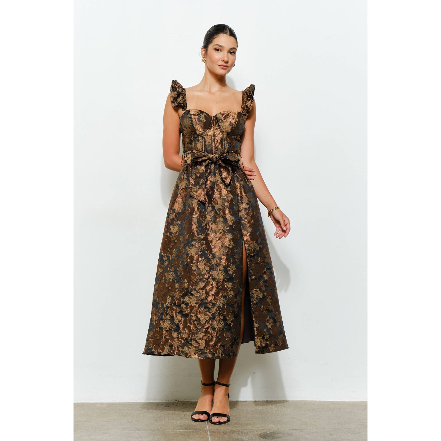 Floral Jacquard Corset-Style Midi Dress
