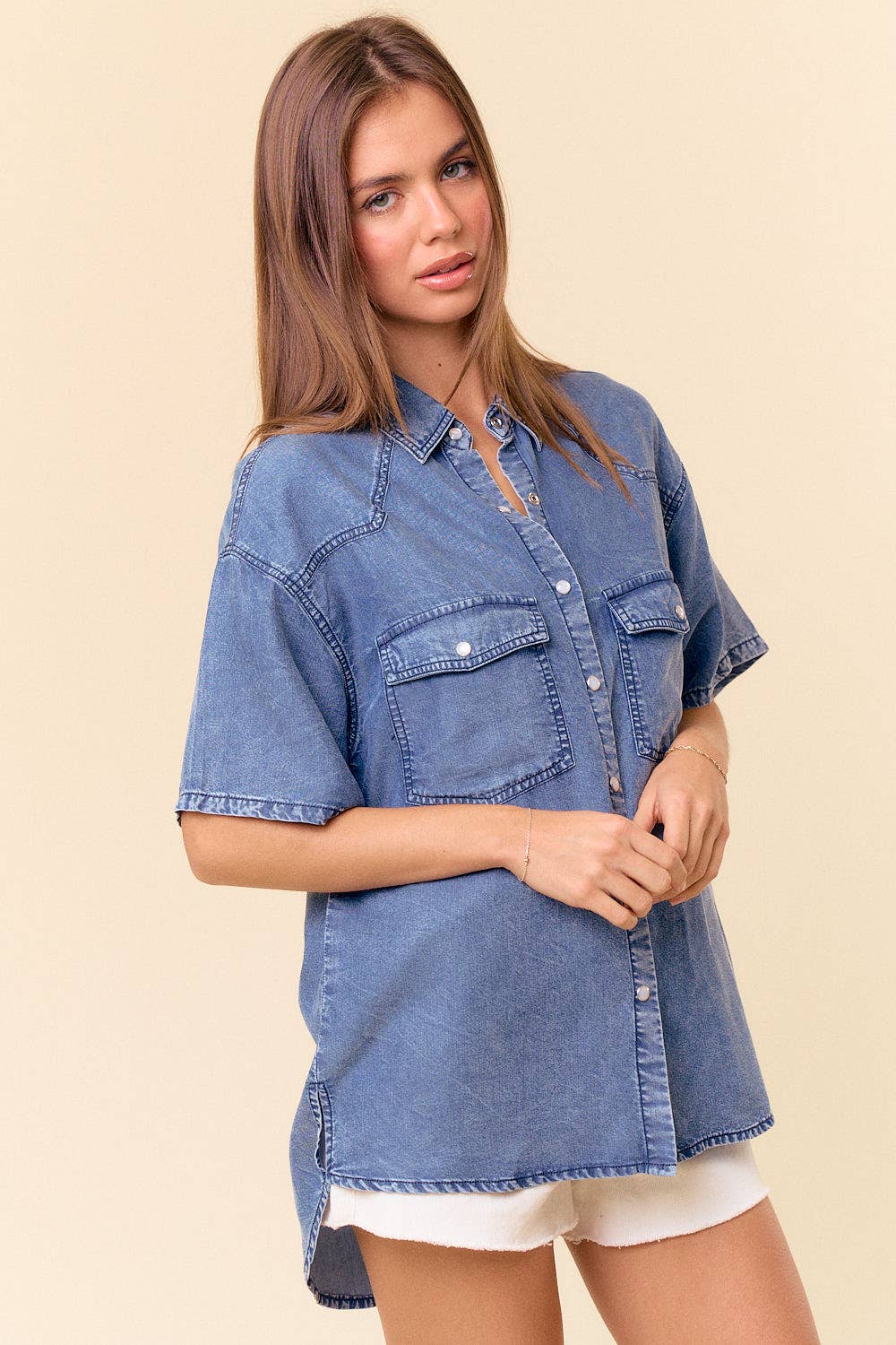 Oversized Denim Short Sleeve Button Up Shirt