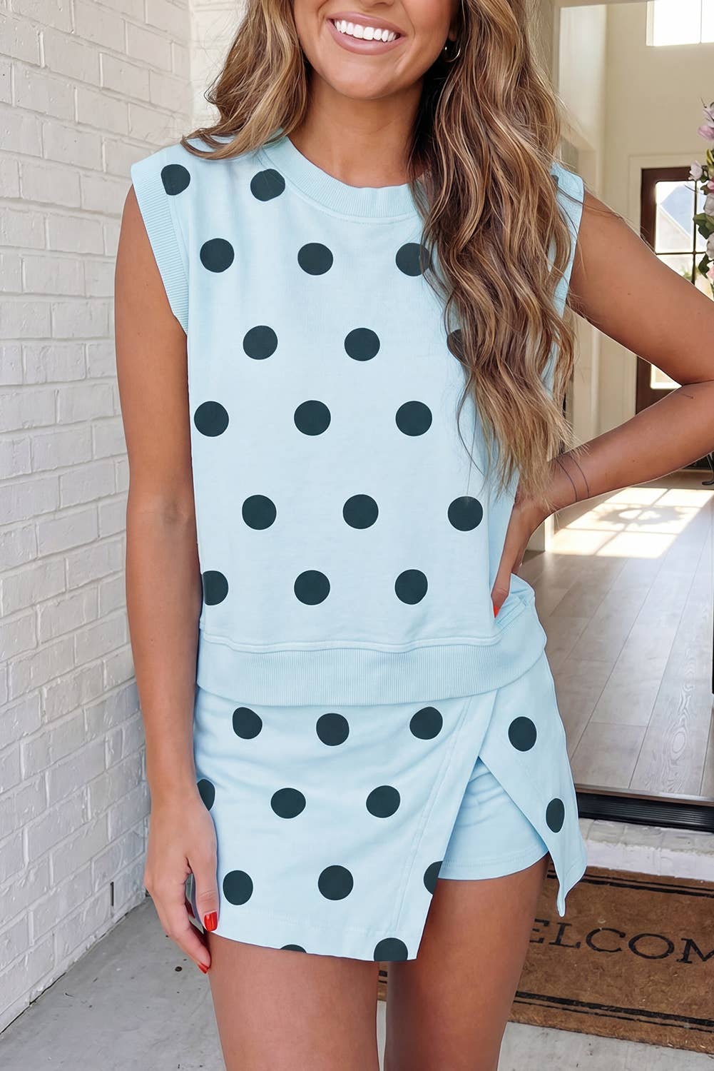 Ribbed Trim Polka Dot Tank Split Mini Skort Set