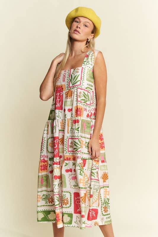 FRUITY PLANTS MULTICOLOR SLEEVELESS MIDI DRESS