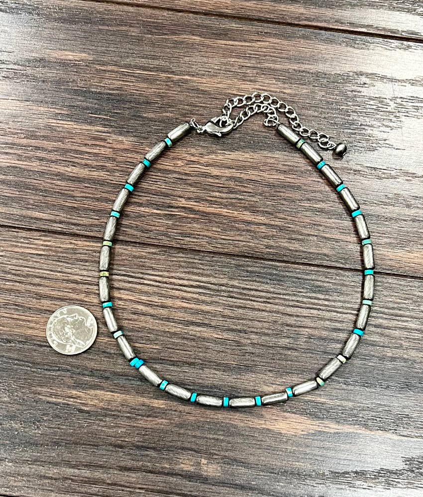 739059, Handmade 15" Cylindrical Navajo Gemstone Necklace