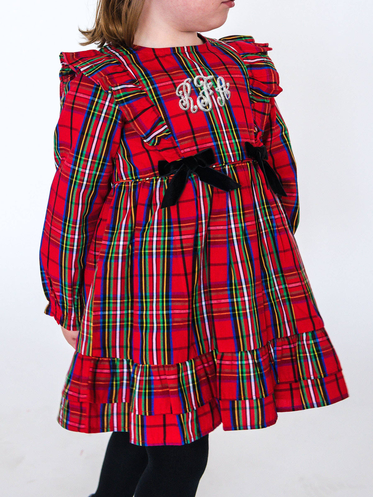 Girls Red Nicholas Plaid Woven Long Sleeve Waterfall Bow Dress