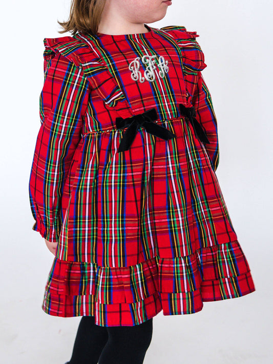 Girls Red Nicholas Plaid Woven Long Sleeve Waterfall Bow Dress