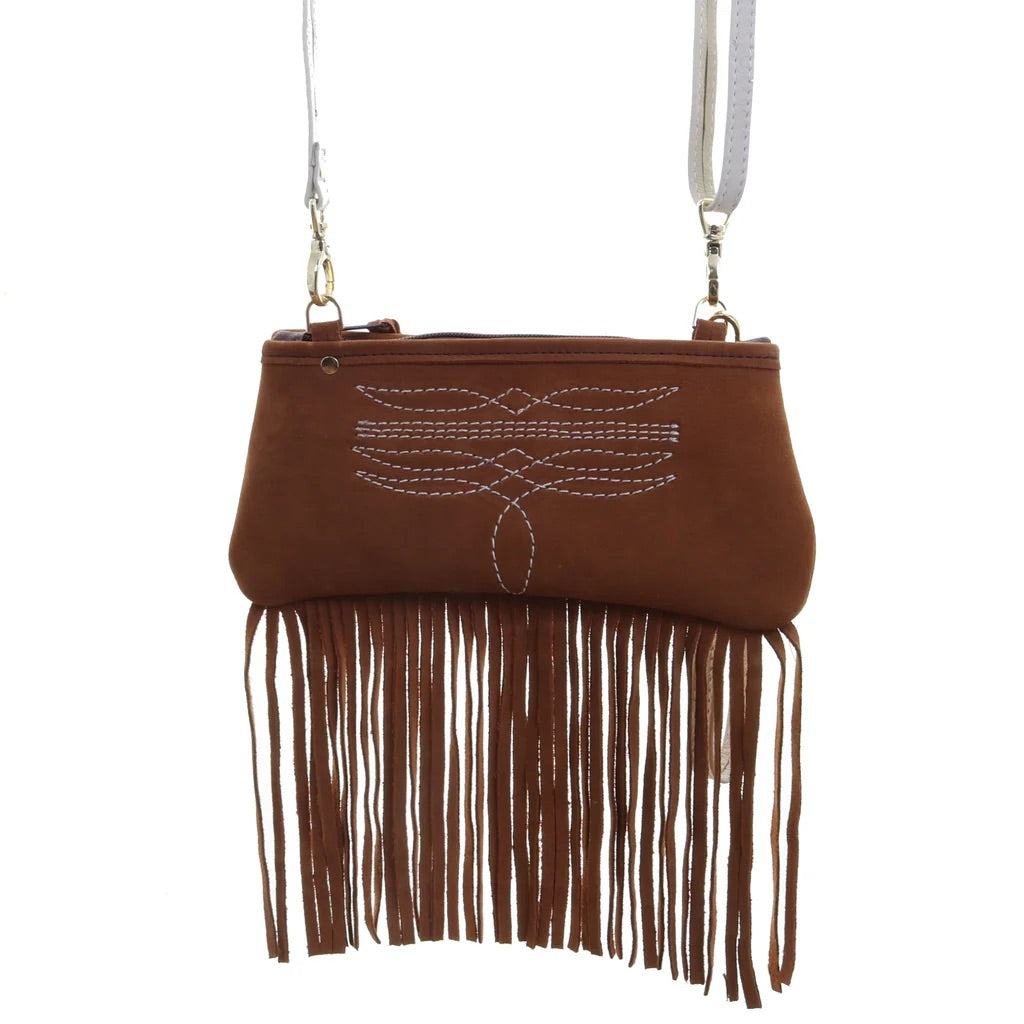 LC104F- Toast Suede Little Clutch w/ fringe