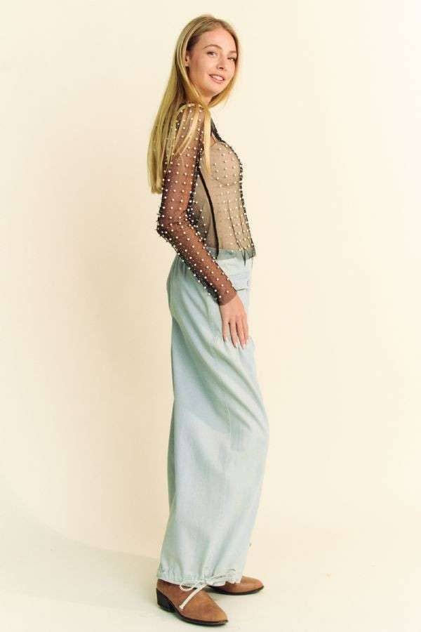Pearl Embellished Mesh Top