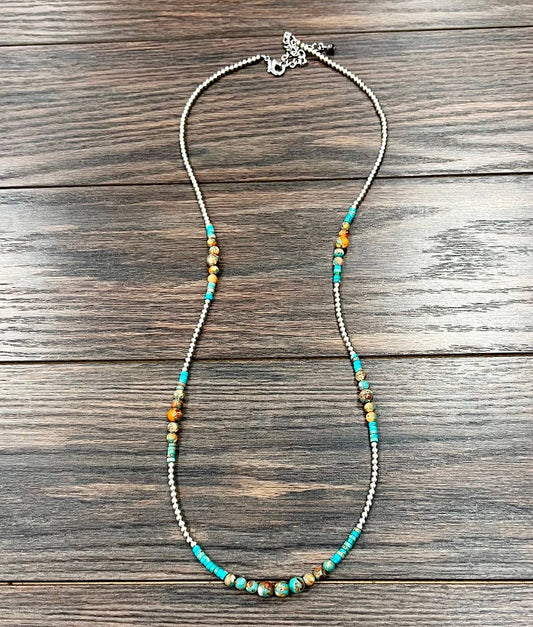 739347, Handmade 34" Gemstone, Silver Navajo Bead Necklace