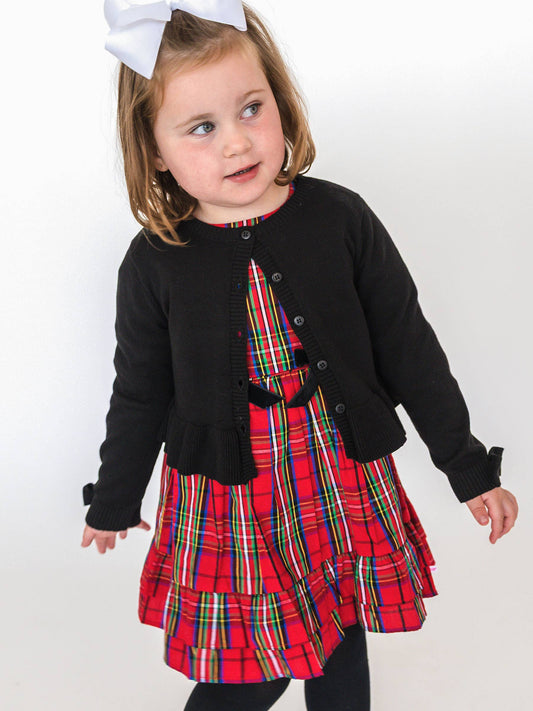 Girls Red Nicholas Plaid Woven Long Sleeve Waterfall Bow Dress