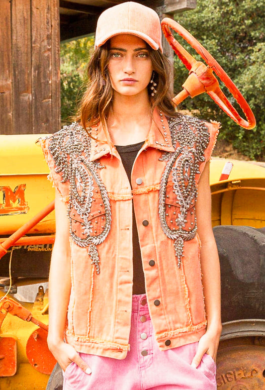 Neon Orange Denim Vest