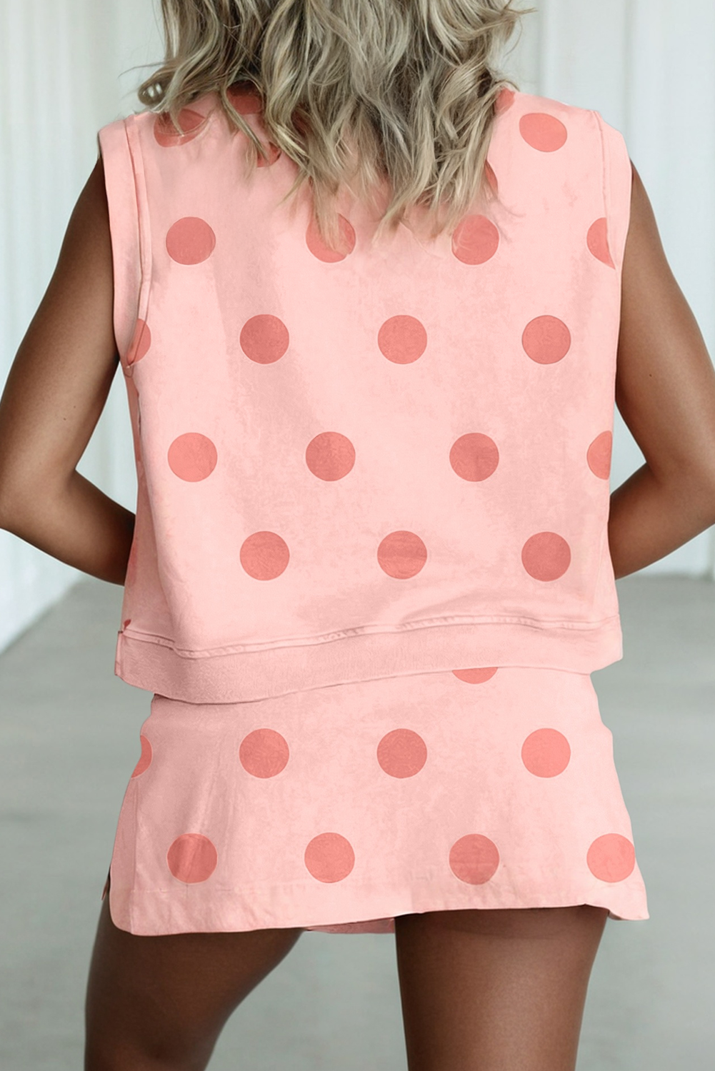 Ribbed Trim Polka Dot Tank Split Mini Skort Set