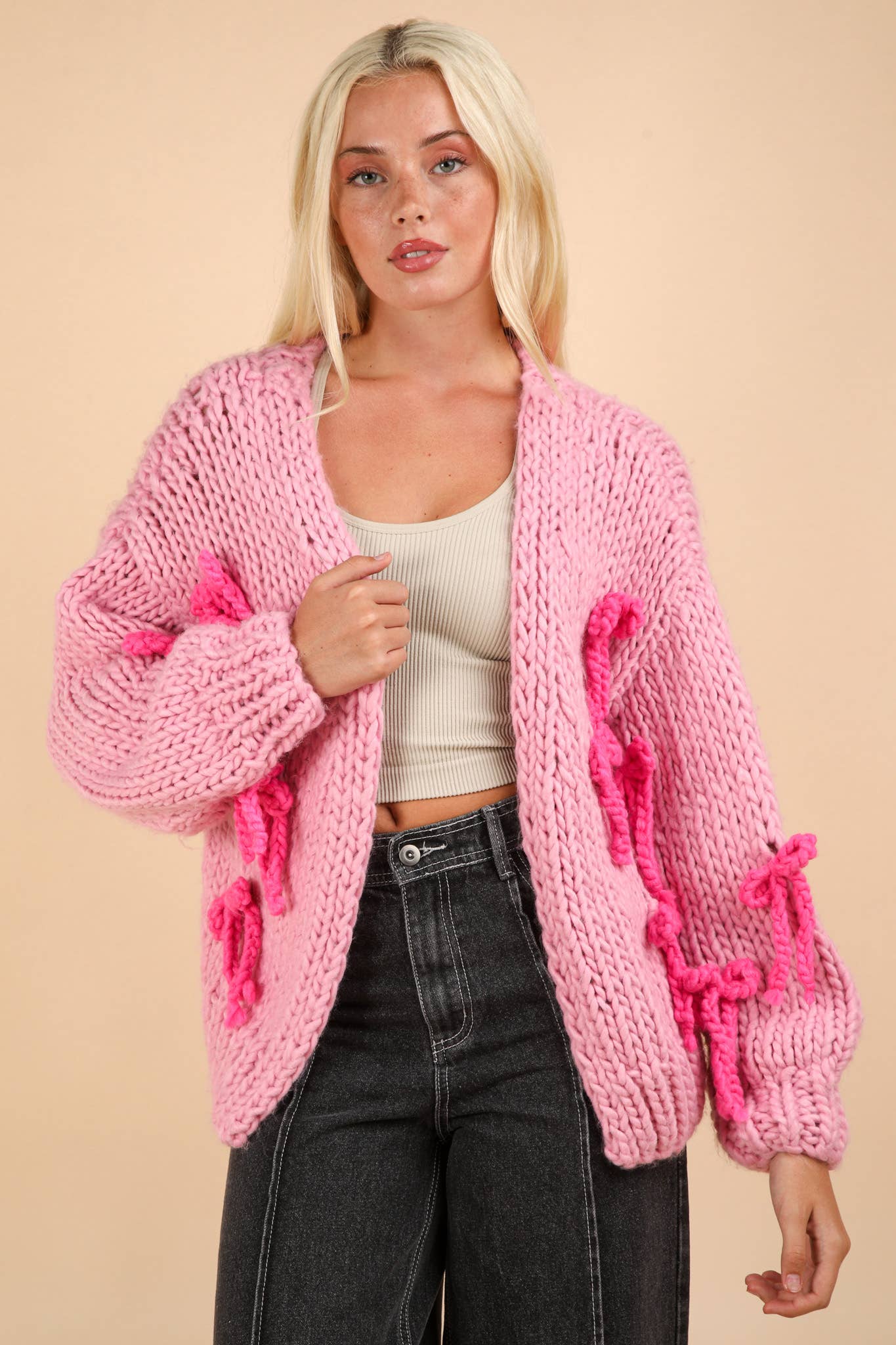 HANDMADE Ribbon Chunky Knit Sweater Cardigan