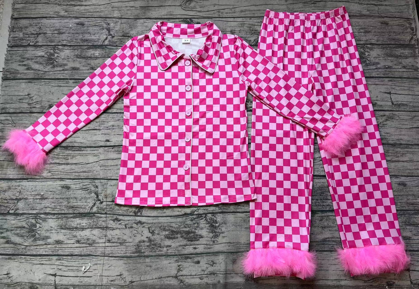 Ladies Pink Checkered Fur Pajamas