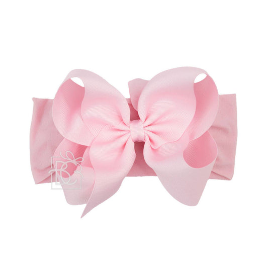 WIDE PANTYHOSE HEADBAND W/CLASSIC GROSGRAIN BOW: 3+ Months / 5.5" Huge / LIGHT PINK