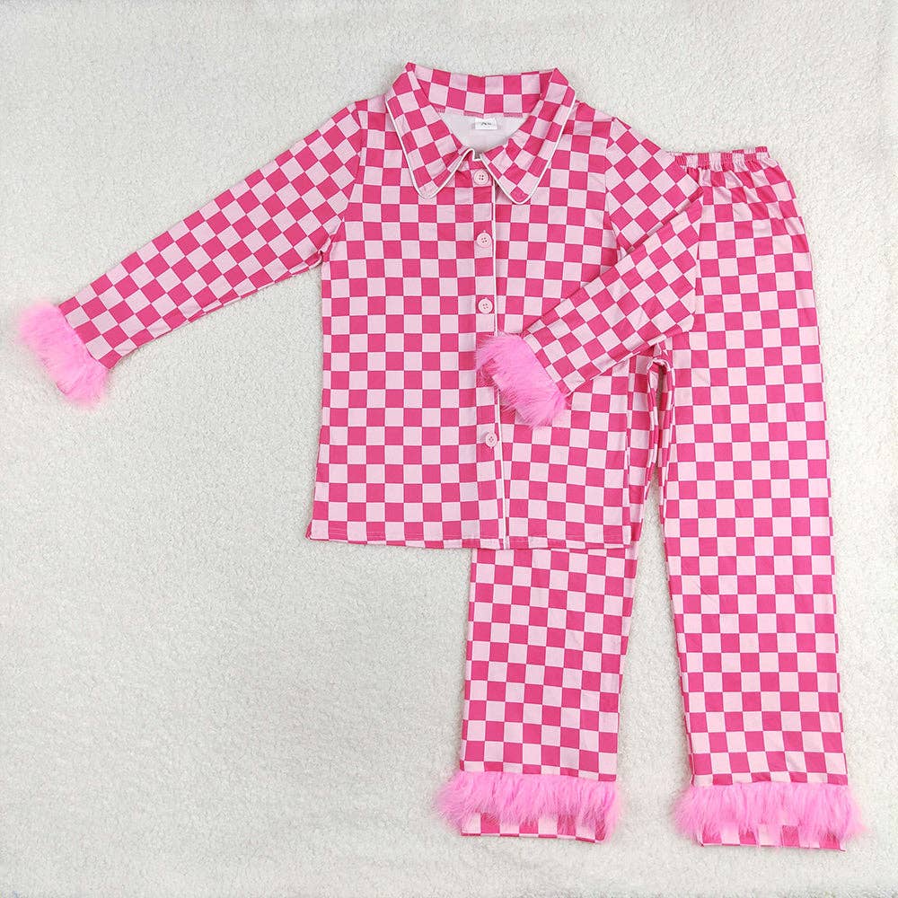 Ladies Pink Checkered Fur Pajamas