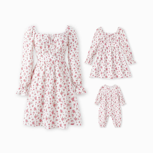 Mommy and Me Ditsy Long-Sleeve Bow-Tie Neck Dress/Romper